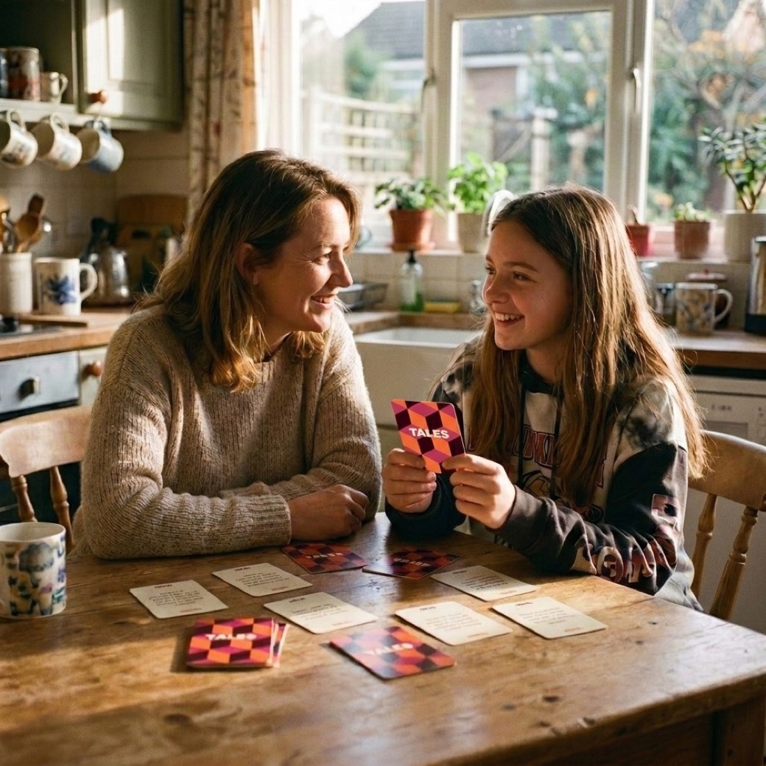 A mother and teenage daughter using Tales cards together at the table