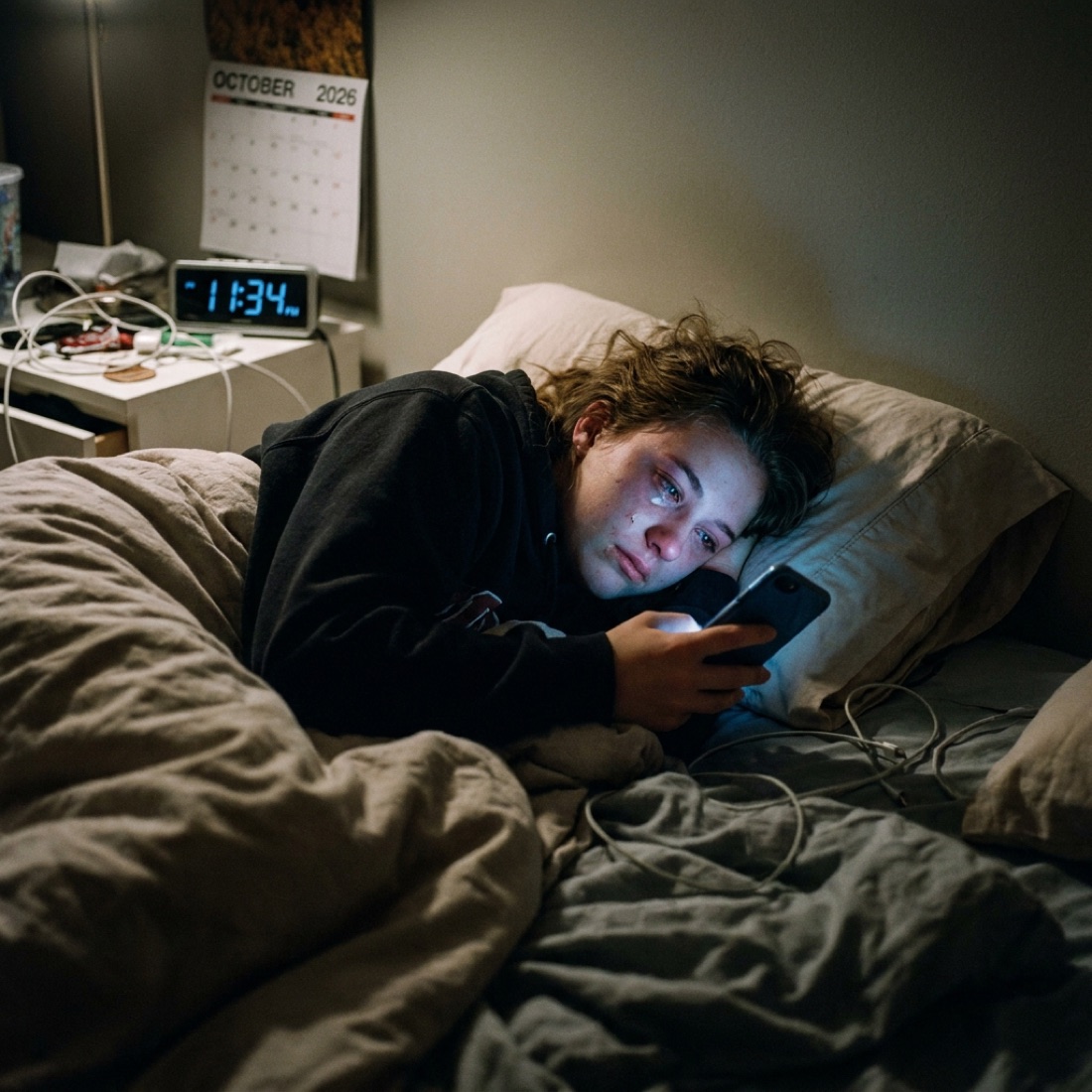 A teenager alone and upset over their phone at night
